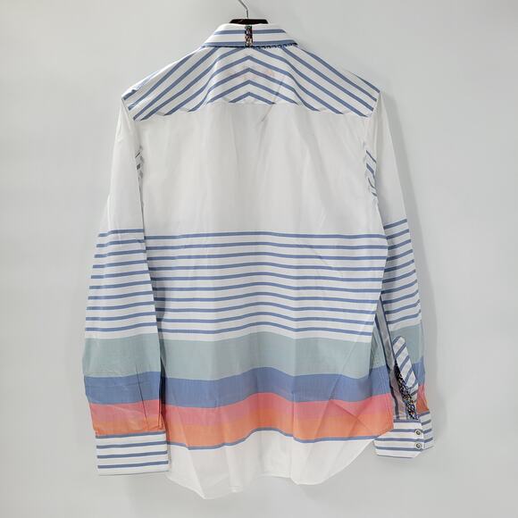 Robert Graham Mens Button Up Shirt XL White Blue Striped Geometric Flip Cuffs - Picture 11 of 16
